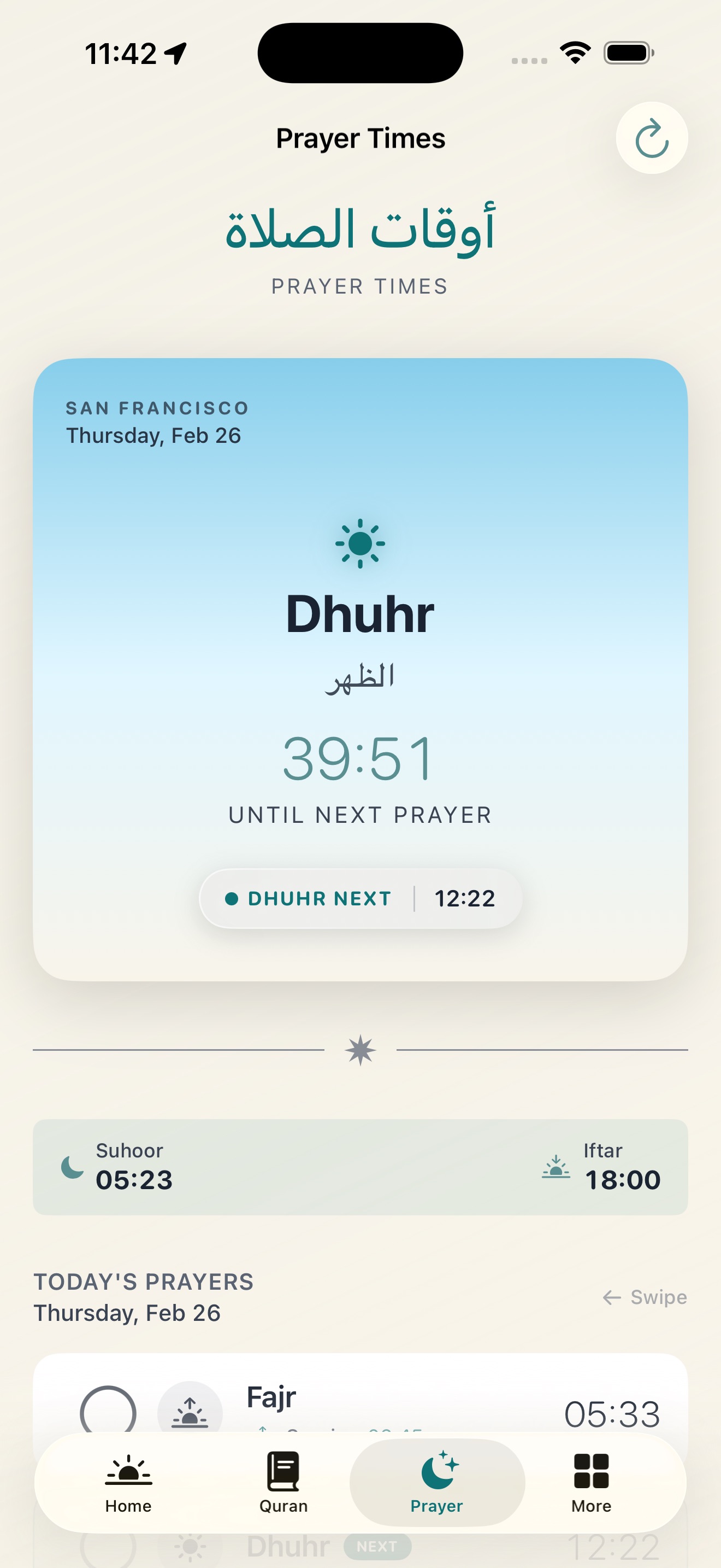 Qur'an Noor prayer times screen